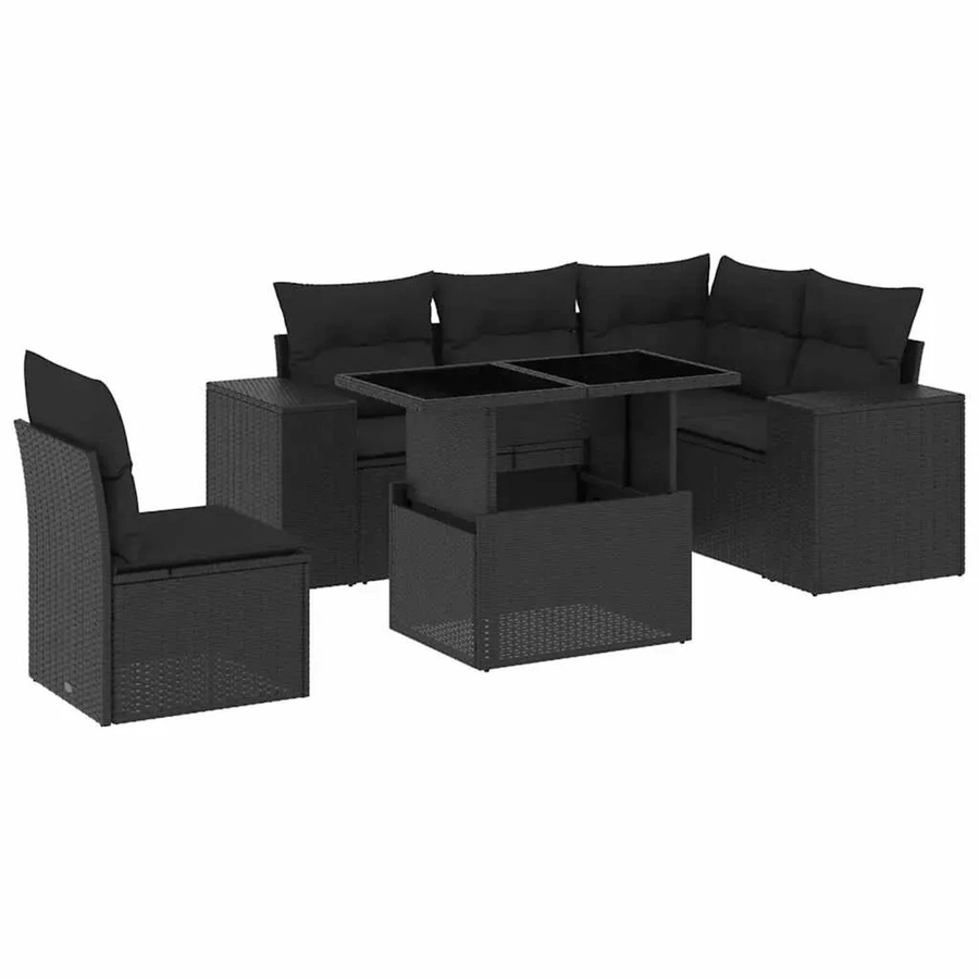 vidaXL 6-teilige Garten-Sofagarnitur in L-Form aus schwarzem Poly-Rattan mit Kissen und pulverbeschichtetem Stahlgestell - Bild 2