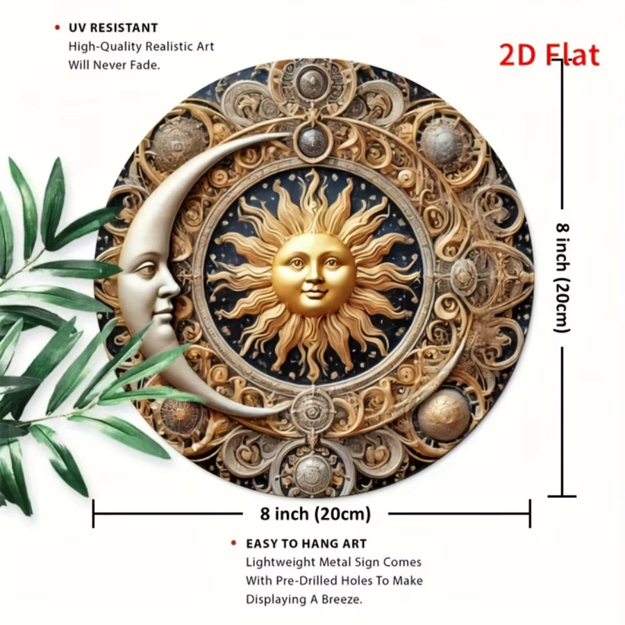 Potdemiel Rundes Metallschild aus Eisen mit Sonnen- und Monddekoration im Retro-Stil, Durchmesser: 20 cm - Bild 2