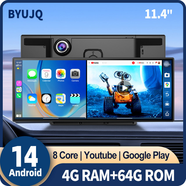 BYUJQ KI-Bildschirm mit 11,4 Zoll Display, Android 14, 8-Kern-Prozessor, 4+64 GB, Dashcam, kabelloses CarPlay & Android Auto, Google Play, GPS-Navigation und Autovideorekorder in Schwarz - Bild 1