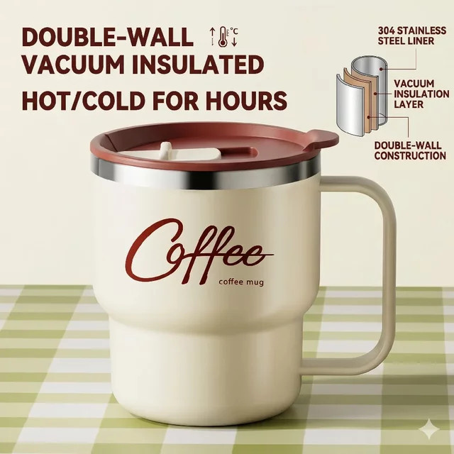 XMSJ Kaffeetasse aus 304 Edelstahl mit Deckel und Griff, 400 ml isolierte Trinktasse aus doppelschichtigem Edelstahl - Bild 1