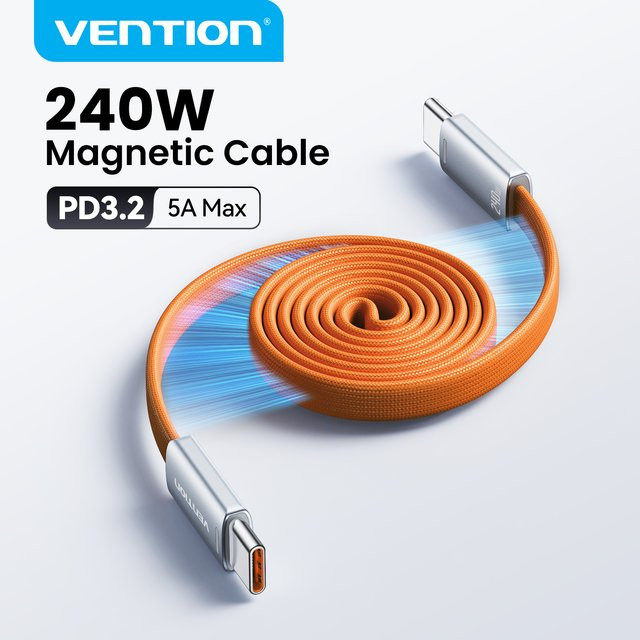 Vention Magnetisches USB-C auf USB-C Kabel 240W PD3.2 Ultraflach in Blau - Bild 1