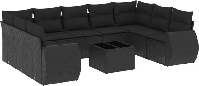 vidaXL 10-tlg. Garten-Sofagarnitur aus Polyrattan in Schwarz mit Kissen und Metallgestell - Bild 1