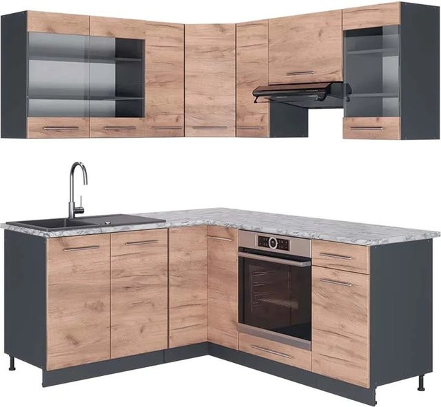 Vicco Fame-Line Eckküche Goldkraft in Eiche und Anthrazit mit Marmor-Optik, B/T/H: 160 x 190 cm - Bild 1
