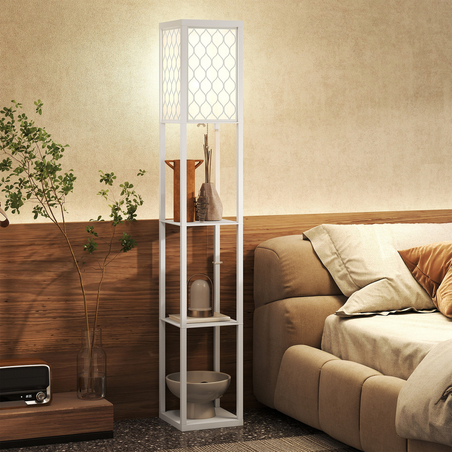 HOMCOM Stehlampe mit Regal in Weiß für Wohnzimmer und Schlafzimmer mit E27 Fassung und Stoffschirm - Bild 2