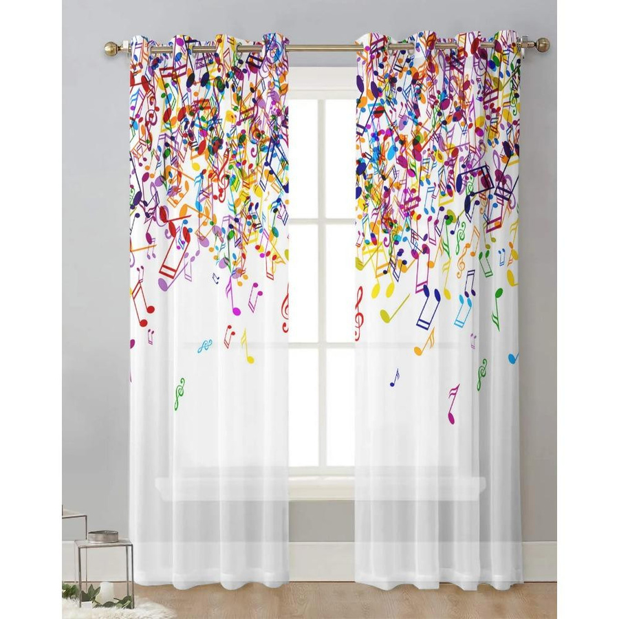 Yiran Furniture Transparentes Voile-Fenstervorhang mit Musiknoten-Design, Bunt, Breite: 135 cm, Höhe: 115 cm - Bild 1