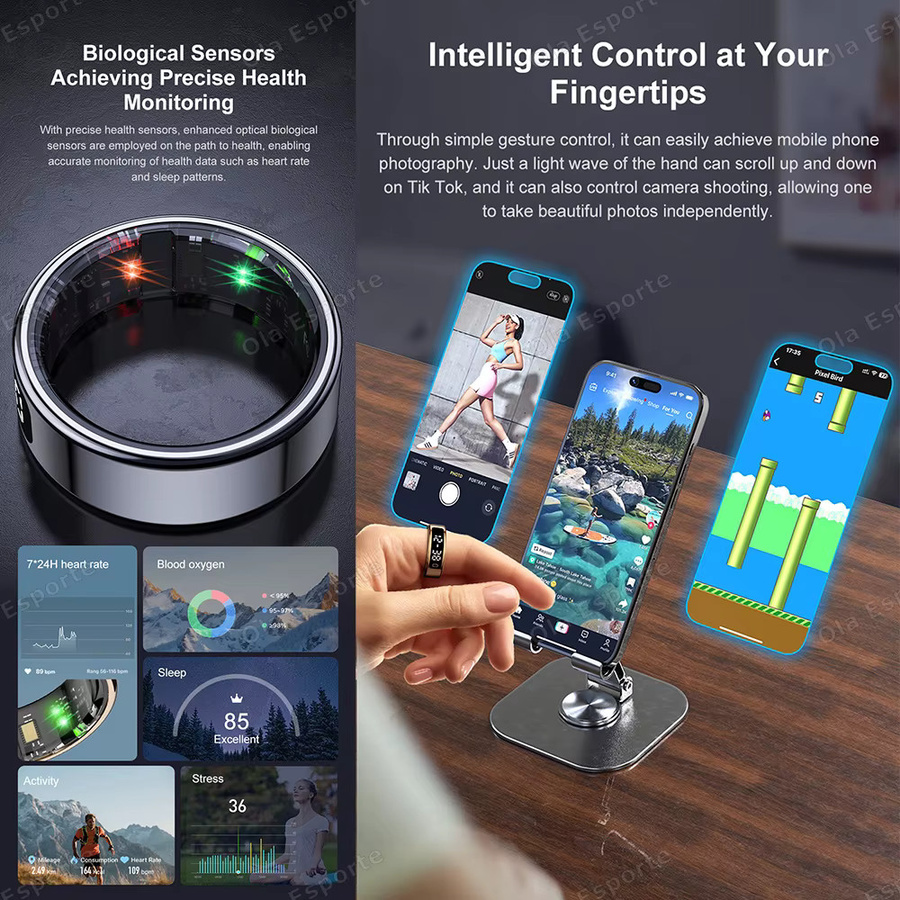 Ola Esporte Smart Ring mit GPS, LED-Anzeige, Herzfrequenz- und Blutsauerstoffmessung, IP68 und 5ATM wasserdicht, Unisex - Bild 2