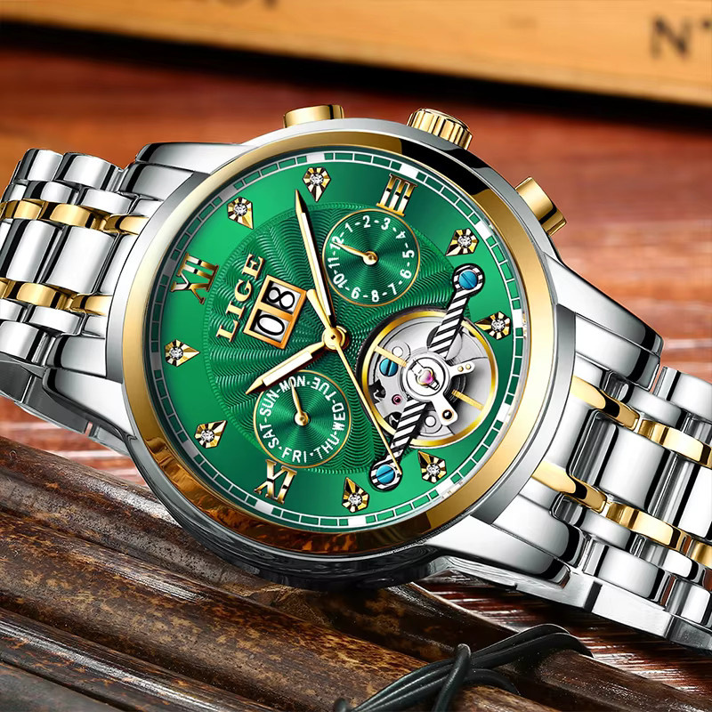 LIGE Armbanduhr Automatik, Edelstahl, Bicolor, Grün, Herren - Bild 3