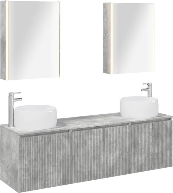 vidaXL Badezimmerschrank-Set 5-teilig in Betongrau, modern mit Waschtischunterschrank, Wandunterschrank und Spiegelschrank mit LED-Beleuchtung und internen Regalen, MDF, matt - Bild 1