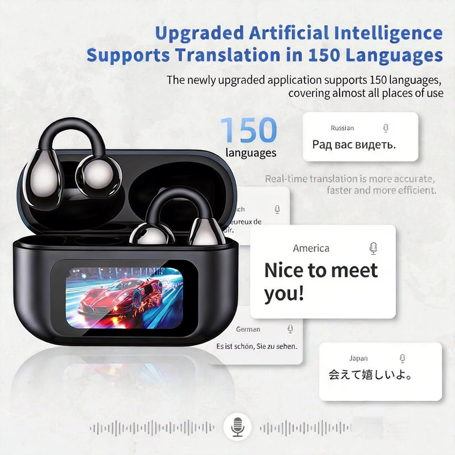UYUXIO KI-Sprachübersetzungs-Kopfhörer mit LCD-Touchscreen, Echtzeit-Ohrhörer-Übersetzer für 150 Sprachen, In-Ear OWS Ohrstöpsel, Schwarz - Bild 3