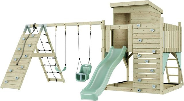 PolarPlay Spielturm Frida aus Holz mit Babyschaukel und Rutsche, Mintgrün - Bild 1