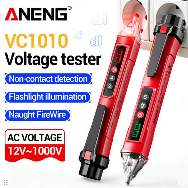 ANENG VC1010 Digitaler Spannungsdetektor in Rot, berührungsloser Spannungssensor für Wechselspannung von 12-1000V zur Prüfung von Null- und Phasenleitung - Bild 1