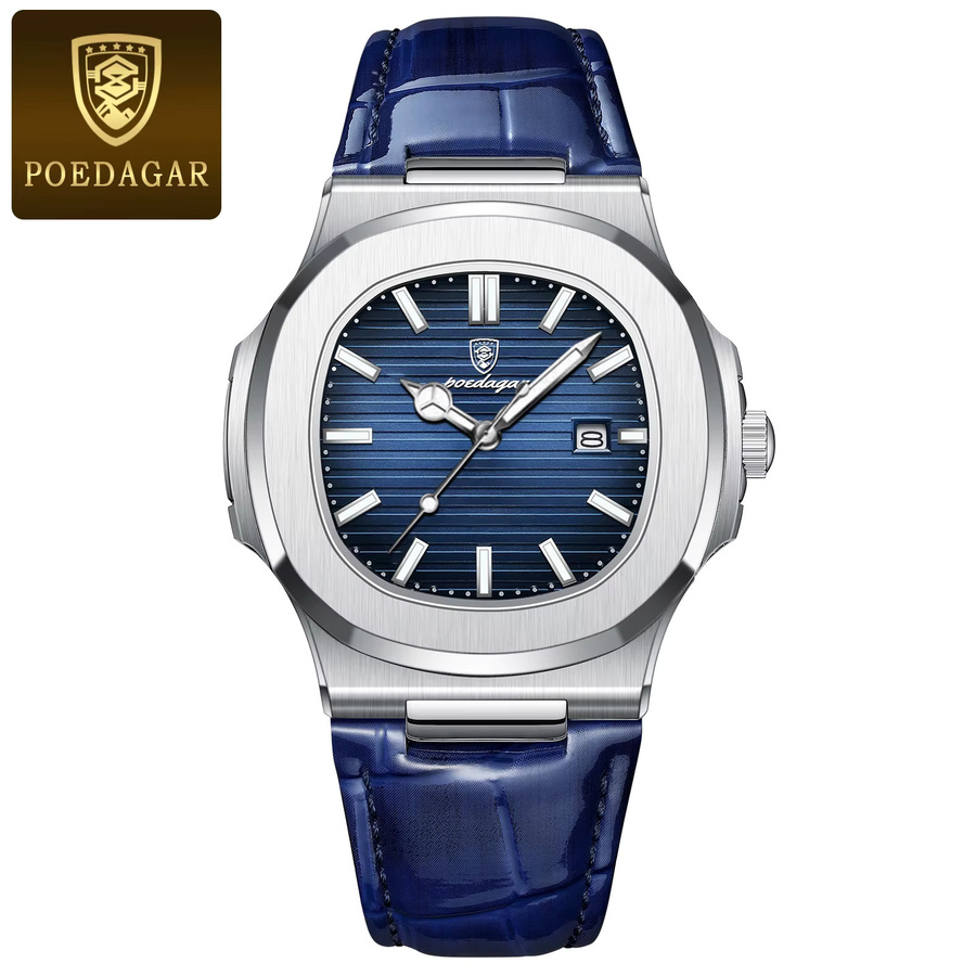 POEDAGAR Armbanduhr Quarz, Leder, Blau, Herren, Edelstahl, Datum - Bild 7