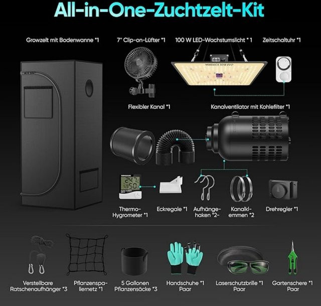 Growzelt Komplettset in Schwarz mit dimmbaren LED-Wachstumslampen, Clip-On-Lüfter und Aktivkohle-Luftfilter für Indoor-Pflanzen - Bild 1