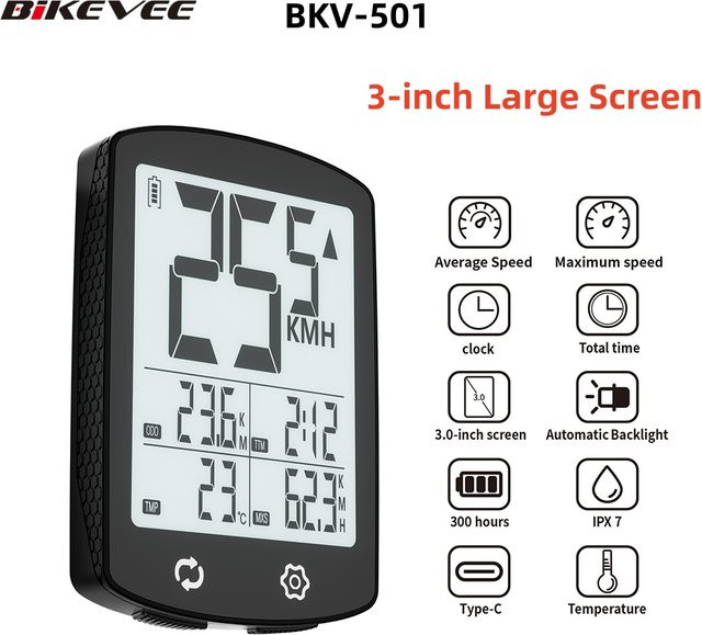 Bikevee Fahrradcomputer in Schwarz mit großem Bildschirm, Hintergrundbeleuchtung und multifunktionaler kabelloser Anzeige als Fahrrad-Tachometer und Kilometerzähler - Bild 1