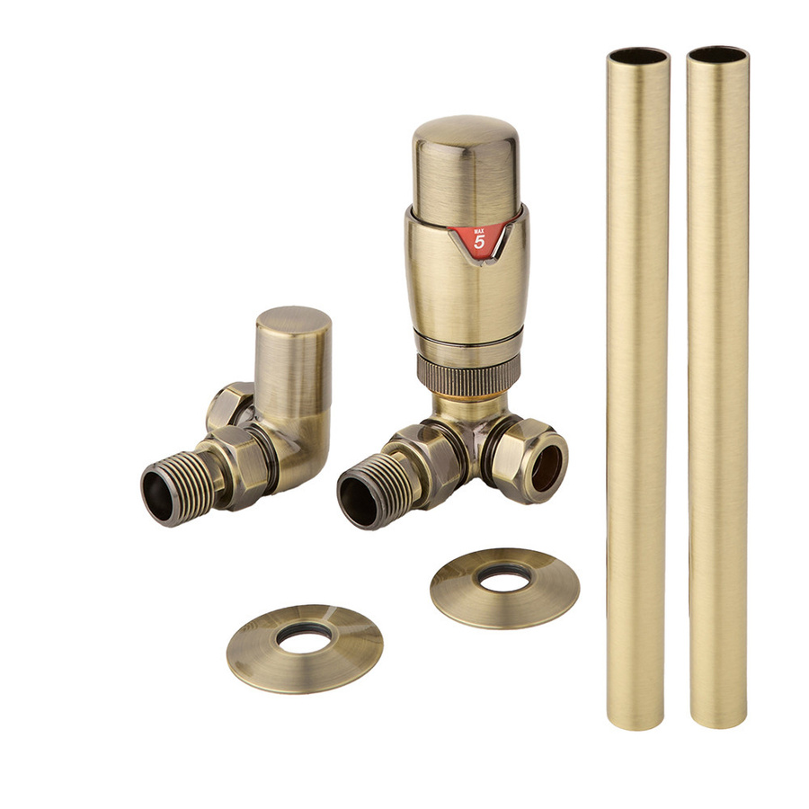Hudson Reed Thermostatisches Winkelventilset mit Thermostatkopf und Rohrverbindungen, 15mm, Farbe: Gold, Material: Messing - Bild 1