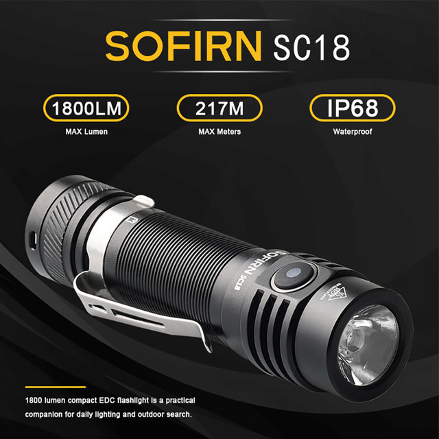 SOFIRN SC18 EDC Taschenlampe mit 1800 Lumen SST40 LED, TIR Optik und USB-C wiederaufladbarem Akku, Schwarz - Bild 1