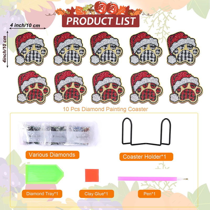 10er Set DIY Diamond Painting Untersetzer mit Halter im Weihnachts-Design und Tierpfoten-Motiv, mehrfarbig - Bild 2