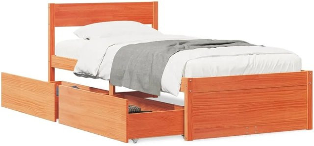 vidaXL Massivholzbett aus Kiefernholz mit Schubladen in Braun, Rustikaler Stil, B/T/H: 100 x 200 cm - Bild 1
