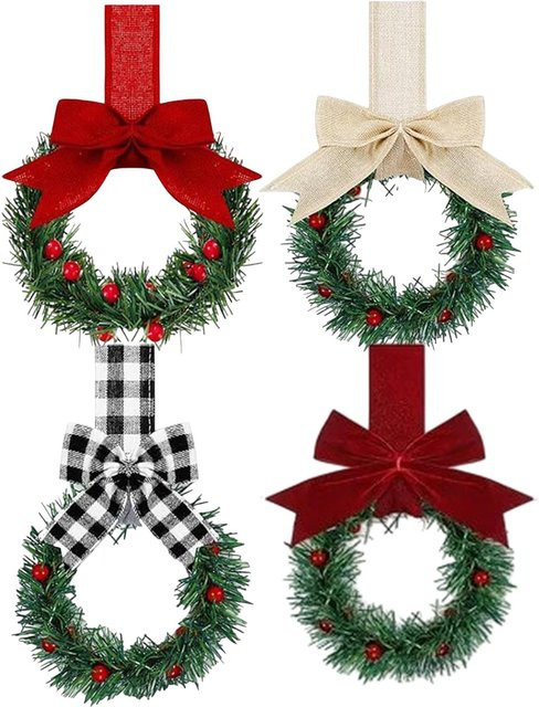 6er Set künstliche Weihnachtskränze in Beige und Grün mit Schleife zur Dekoration für Innenbereich und Türkranz - Bild 1