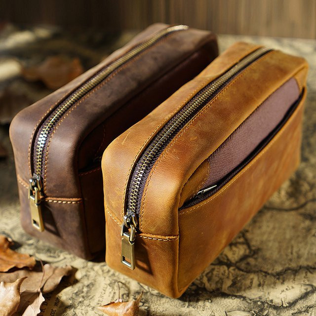 AIGUONIU Vintage-Federmäppchen aus Leder in Braun, B/T/H: 22 x 10,5 x 7 cm - Bild 1