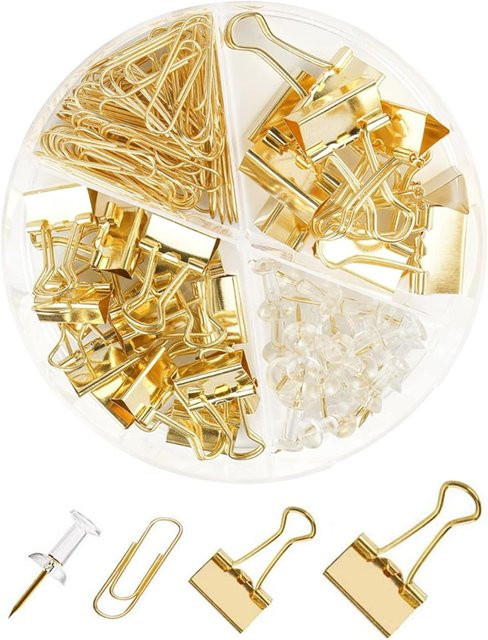 Creechwa Büroartikel Set aus Metall mit Papierklammern und Stecknadeln in Gold und Beige - Bild 1