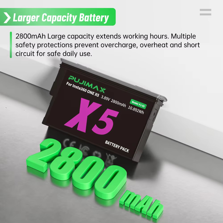 PUJIMAX 2800mAh Akku und 2-Slot-Akkuladegerät in Schwarz für die Insta360 ONE X5 Action-Kamera - Bild 3