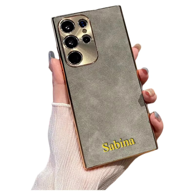 Personalisierte Handyhülle aus PU Leder mit Textur für Samsung Galaxy S25 Ultra, S24 Plus, S23 oder S22 Ultra in Grau mit individuellem Namen - Bild 3