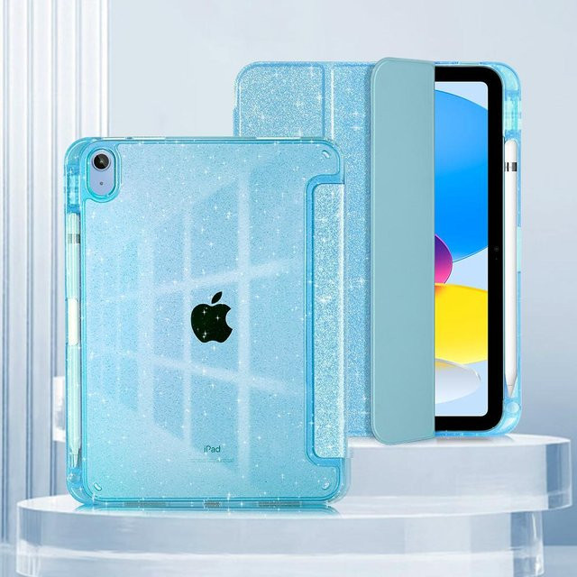 Glitzernde Smart Stand Cover Hülle für Apple iPad Air (Generationen 4, 5, 6, 7, 8 sowie M2 2024) mit Tri-Fold Funktion in Blau - Bild 1