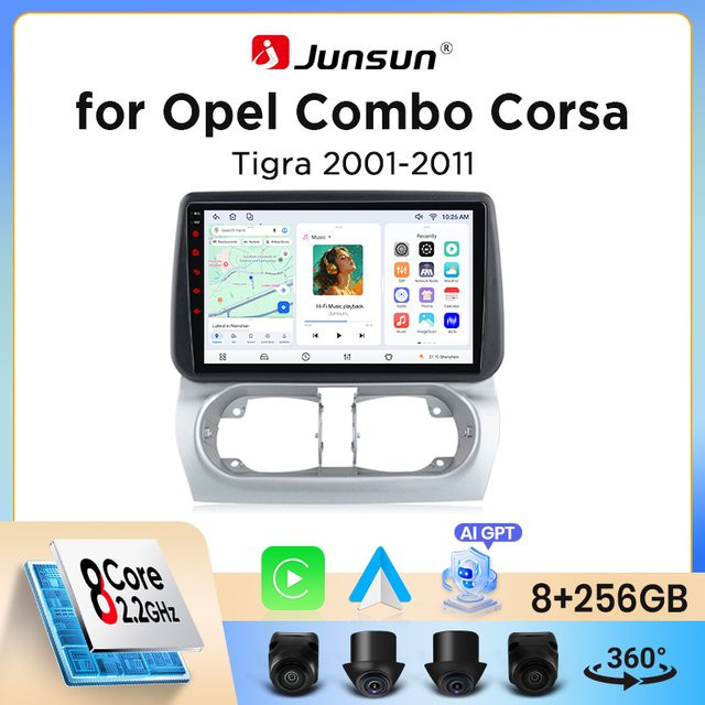 Junsun Wireless CarPlay und Android Auto Autoradio für Opel Corsa C, Combo C und Tigra B (2001-2011) mit GPS, WiFi, Bluetooth und DSP in Schwarz - Bild 1
