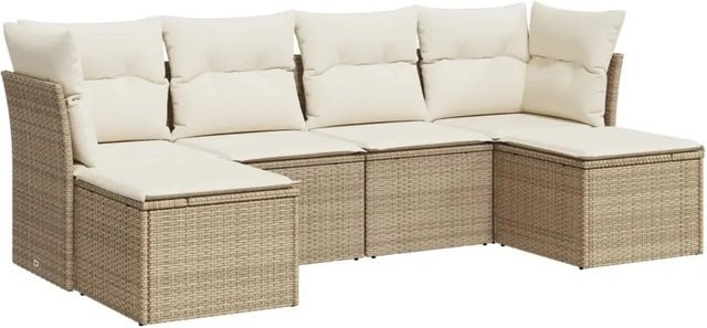 vidaXL 6-teilige Garten-Sofagarnitur in L-Form mit Kissen und Ottoman, Beige, Poly-Rattan und Metallgestell - Bild 1