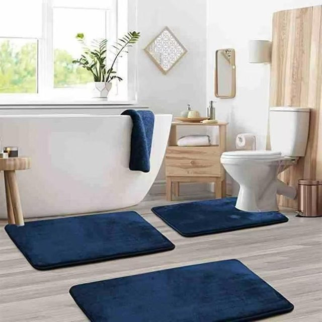 Yiran Health & Beauty Badezimmer-Bodenmatte Set aus Korallenvlies in Blau, dreiteiliges Set, saugfähig und rutschfest, B/T: 50 x 60 cm - Bild 1