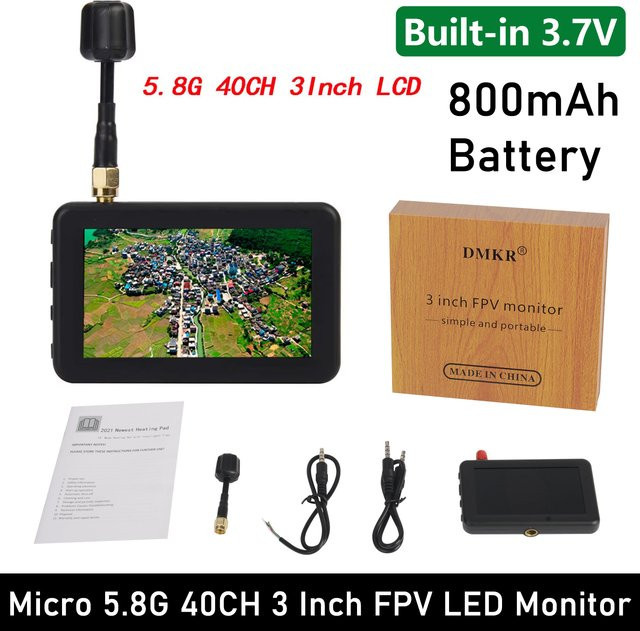 DMKR Micro 5,8G 40CH 3 Zoll FPV LED Monitor mit 480x320 Auflösung und 16:9 Display in Schwarz für RC Auto und FPV Drohne - Bild 1