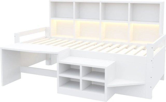 Merax Jugendbett mit Schreibtisch und LED-Beleuchtung in Weiß und Grau, B/T/H: 200 x 90 x 146 cm - Bild 1