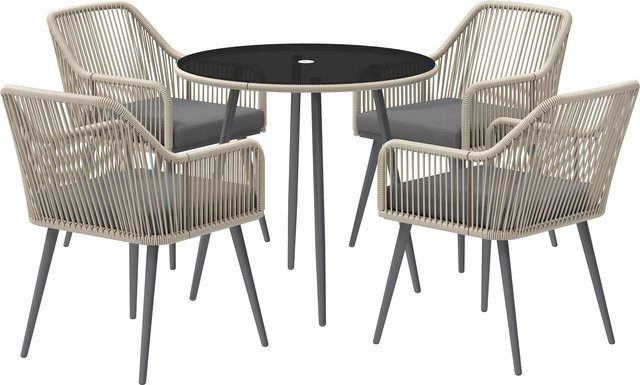 Outsunny Gartenmöbel-Set aus Polyrattan für 4 Personen mit rundem Glastisch und Kissen in Braun - Bild 1