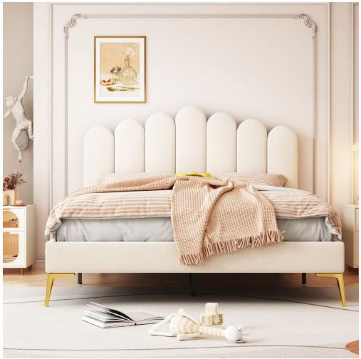 MUVOE Doppelbett mit verstellbarem Kopfteil aus Velours in Beige, B/T: 140 x 200 cm - Bild 1