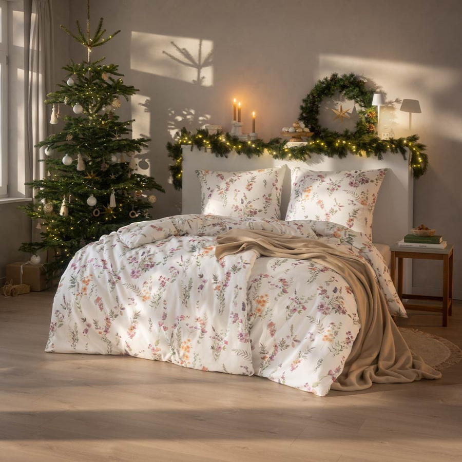 Estella Kuschel Flanell Bettwäsche Millefleur Blümchen Romantik, Farbe: Multicolour/Weiß, B/H: 155 x 220 cm mit Kissenbezug 80 x 80 cm - Bild 1