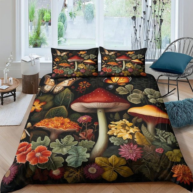 Bettwäscheset mit Aquarell-Pilzmotiv in Multicolour, botanisches Design im Retro-Stil, Material Polyester, B/H: 135 x 200 cm - Bild 1