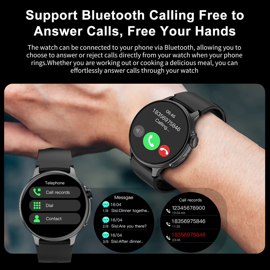 Uhoofit Smartwatch mit 1,43 Zoll AMOLED HD-Bildschirm in Schwarz, Bluetooth-Anruf, Herzfrequenzmessung, Sportfunktionen und Sprachassistent, wasserdicht, Unisex - Bild 2