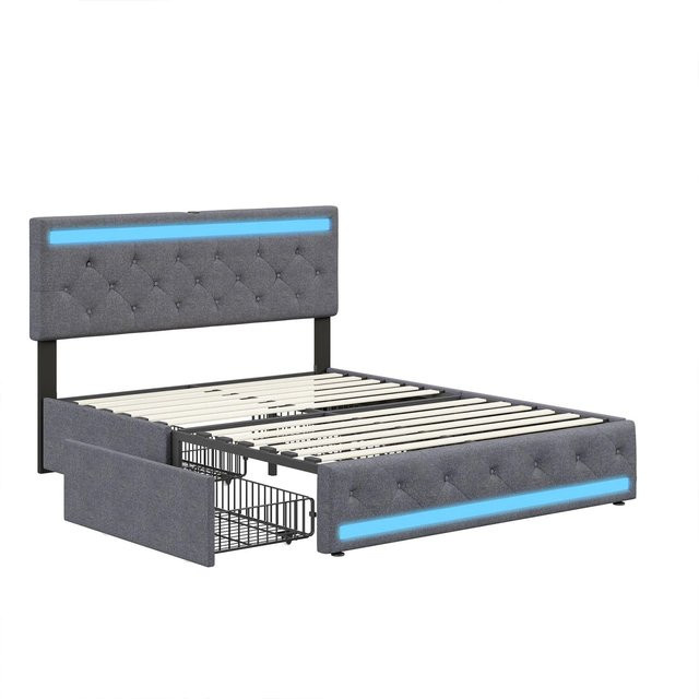 PXloue Polsterbett in Grau mit LED-Beleuchtung, USB-Ladeanschluss und Schubladen, B/T/H: 140 x 200 x 108 cm - Bild 1