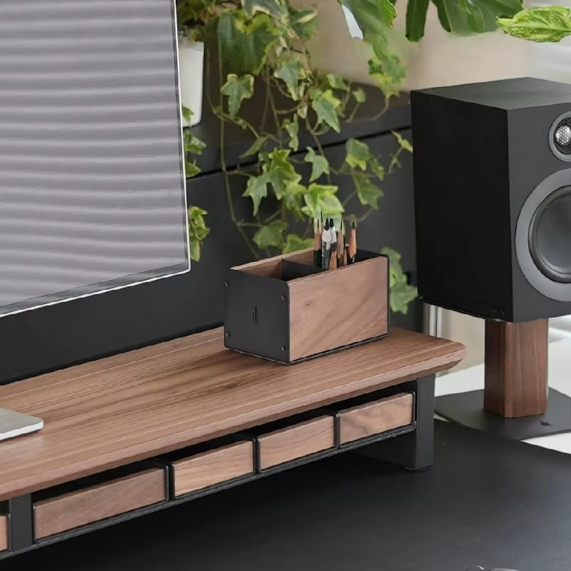 Massivholz Stifthalter und Desktop Storage Box in Braun mit Schublade zur Monitorerhöhung im Nordic Design - Bild 2