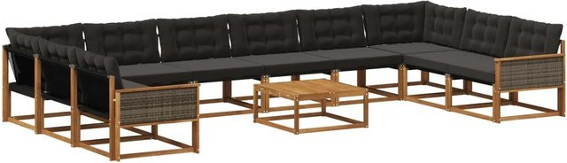 vidaXL Outdoor-Sofagarnitur in U-Form aus massivem Akazienholz mit 11-teiligem Set, Textilene-Bezug und Kissen, Schwarz und Natur - Bild 1