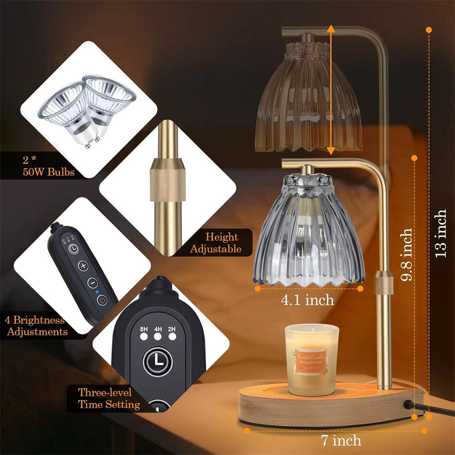 RUNTOIN Moderne Kerzenwärmer-Lampe in Gold/Messing mit Timer, dimmbar und höhenverstellbar mit transparentem Glas-Dome - Bild 2