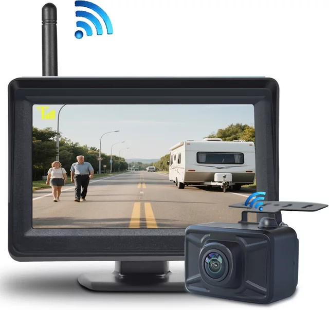 QXNY Drahtloses Rückfahrkamera-Set mit 4,3 Zoll HD-Monitor und Nachtsicht für LKW, Bus, Auto und Wohnmobil, Schwarz - Bild 1