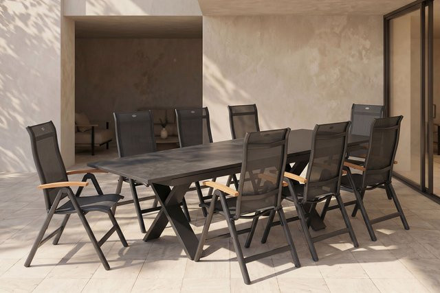 Hartman Xanadu/Alice Garten-Essgruppe in Anthrazit mit ausziehbarer Glaskeramik-Tischplatte und 8 Klappstühlen aus Teak und Textil - Bild 1