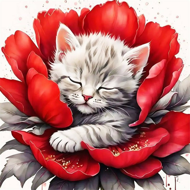 HUACAN Diamantmalerei Set Katze mit Blumen als DIY Mosaik-Stickerei für Erwachsene und Kinder, Rund, Mehrfarbig - Bild 1