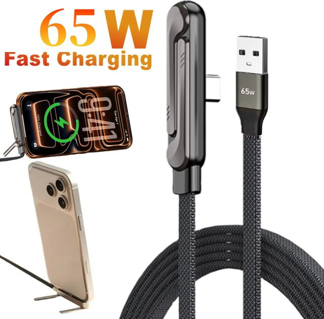 ASUS 65W Schnellladegerät in Schwarz mit integriertem Telefonständer und USB-A zu USB-C Ladekabel - Bild 1