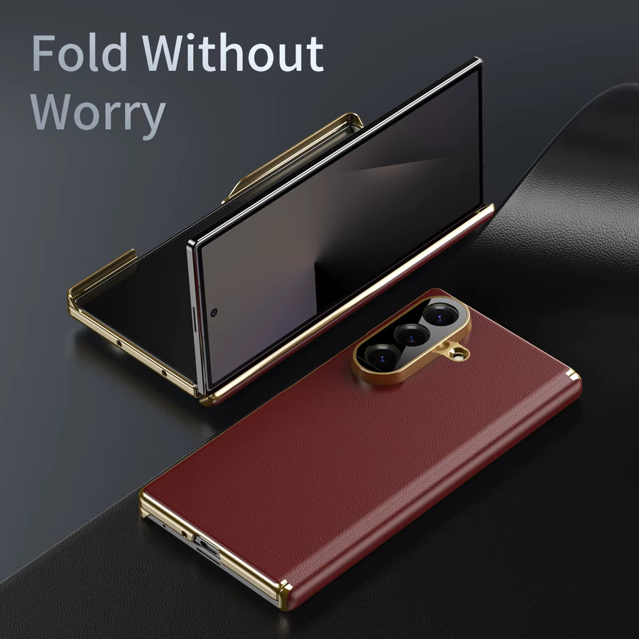 Stoßfeste Leder Handyhülle mit Objektivscharnierschutz für Samsung Galaxy Z Fold 7 6 5 4 5G, Farbe: Rot - Bild 2