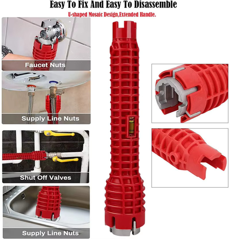 SLADE 8-in-1 Wasserhahn- und Waschbecken-Installationswerkzeug in Rot mit rutschfestem Griff und Doppelkopf-Reparaturschlüssel für Sanitärarbeiten und Warmwasserbereiter - Bild 5