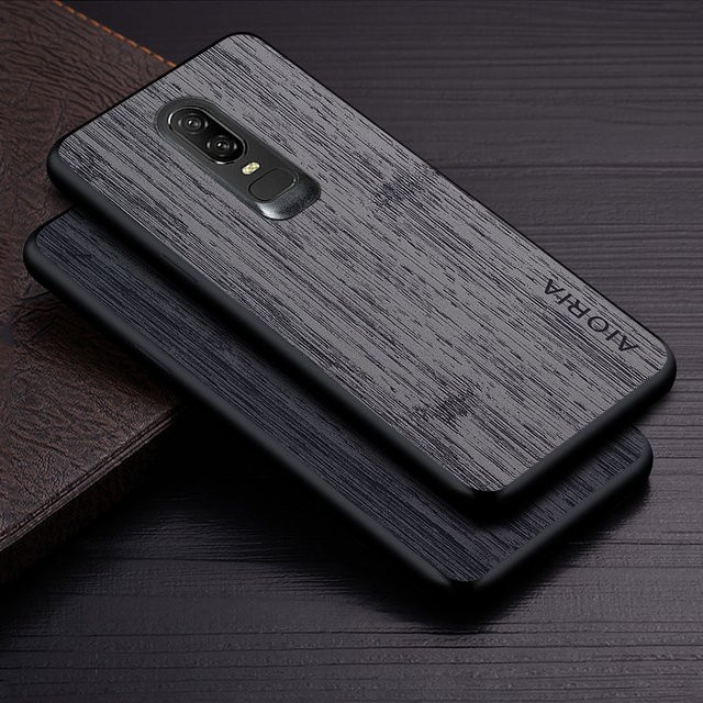 Luxus Handyhülle aus Leder mit Bambus-Holzmuster für OnePlus 6, 6T, 7 und 7T Pro in Braun - Bild 1