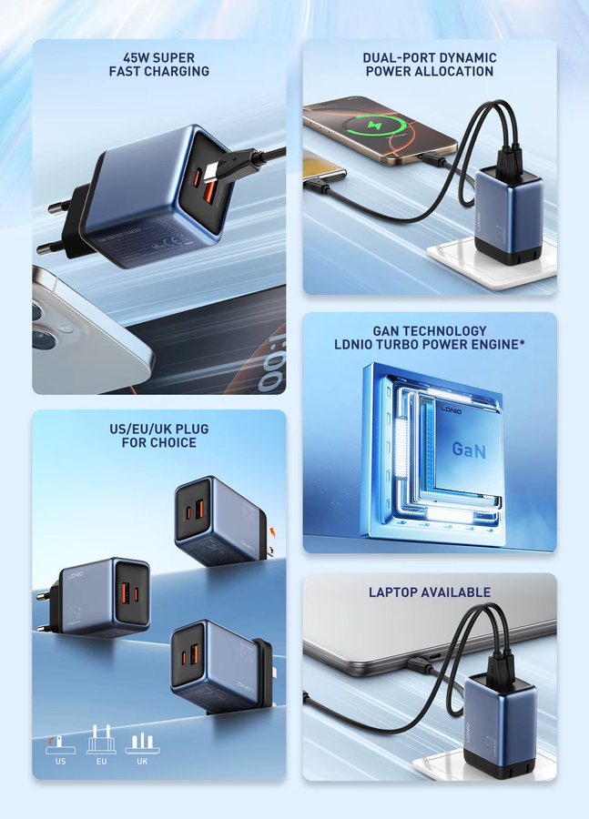 LDNIO Gan 45W Schnellladegerät Typ-C in Blau für iPhone, Xiaomi und Samsung - Bild 2